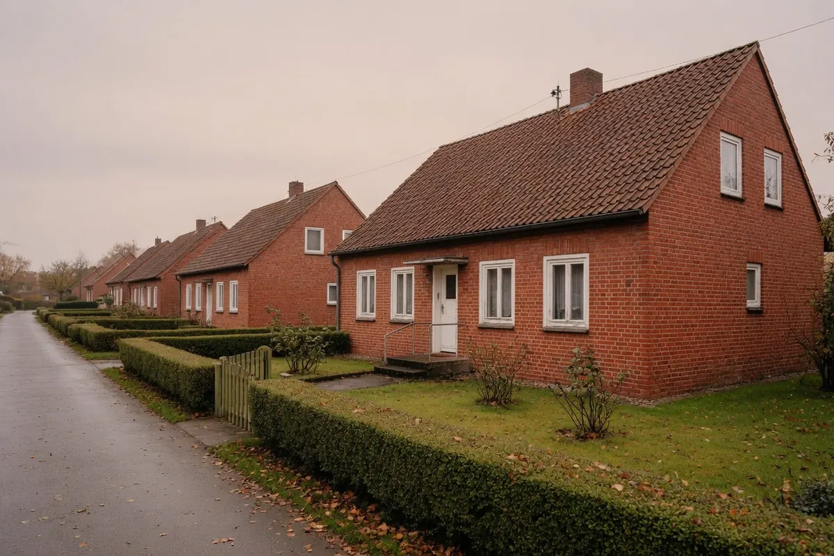 Rotes Klinkerhaus mit Satteldach in einer Siedlungsreihe unter grauem Herbsthimmel