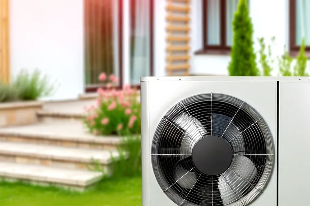 Außeneinheit einer Wärmepumpe neben einem Wohnhaus